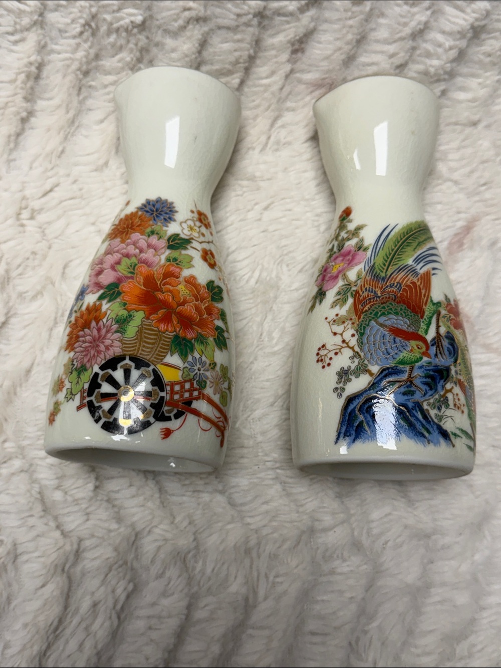 Pair of Japanese Vintage  Porcelain Sake Bottles/ Vases with Gold Trim, Flowers